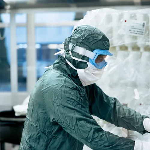 Pharma-Skan cleanroom suit sterile production bottles